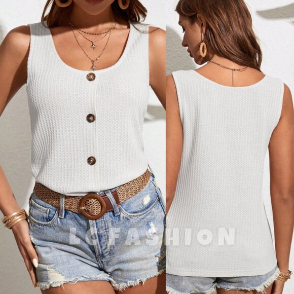 LC FASHION Tops - Tank Top, Waffle Knit Fake Button Tank Top, Cami Top, Summer Sexy Minimalist Top